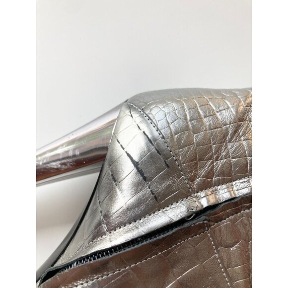 CASADEI Silver Croc-Embossed Leather Mid Calf Platform Mid Calf Boots, Size 6 - Picture 12 of 16